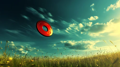 Warm sunset meadow with a playful red ring in flight.