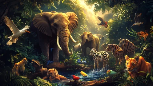 Sunlit rainforest menagerie surrounds reflective jungle waterhole