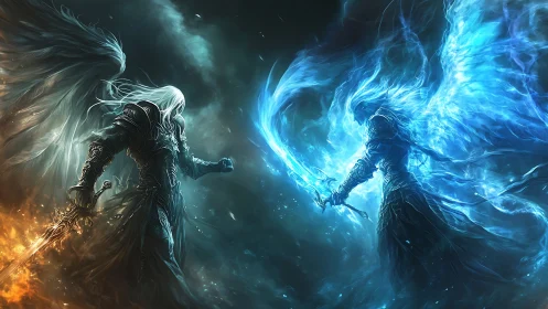 Twin seraphim clash in blazing frost and embered stormlight.