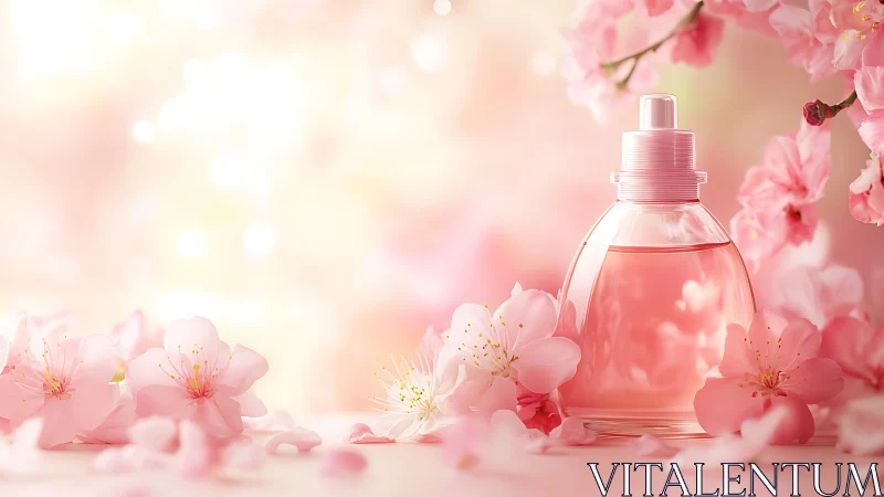 Photorealistic cosmetic fragrance bottle with volumetric pink floral composition and rendered bokeh.