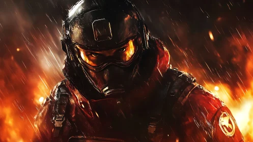 Digital painting of armored fire trooper amid cinematic flames.