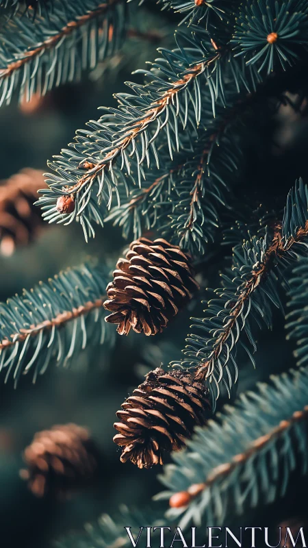 Winter spruce needles and pinecones in soft forest bokeh.