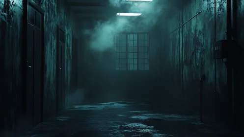 Moody industrial hallway with mist and harsh teal light.