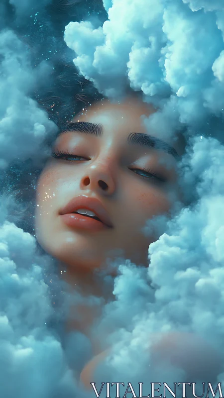 Dreamy serene face resting softly among glowing clouds.