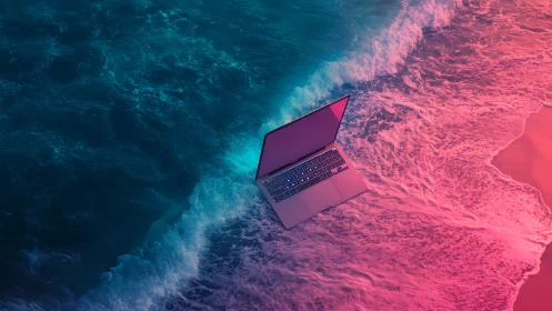 Open laptop hovers above neon-lit shoreline in surreal contrast