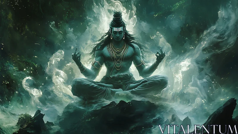 Divine blue deity meditating amid swirling emerald cosmic mist