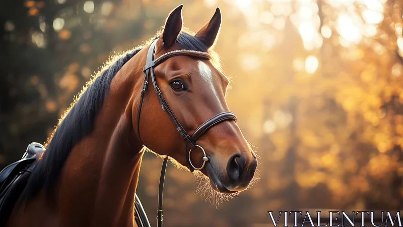 Golden hour bay horse poised in thoughtful autumn light.