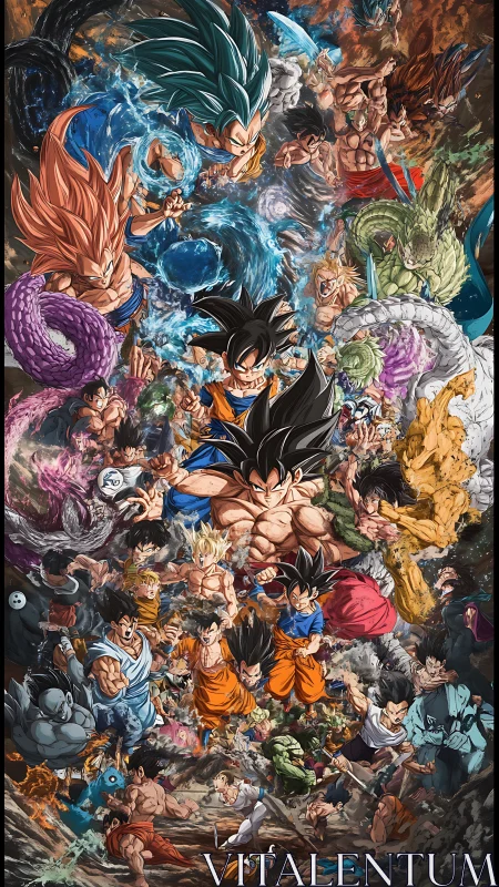 Dynamic Saiyan battle collage in high-intensity anime style.
