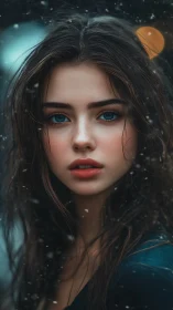 Snowlit gaze of a blue eyed girl in a quiet winter storm.