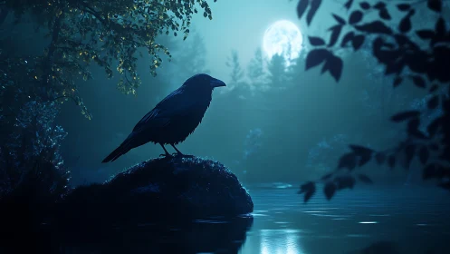 Quiet raven rests by moonlit forest lake at midnight.