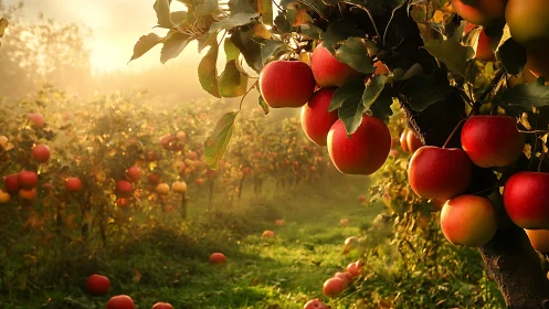 Sunlit Orchard Reverie with Dewy Morning Apples Glow.
