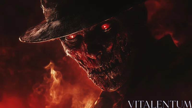 Burned skeletal figure in hat within red smoke field.