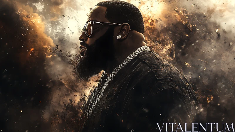 Fireborn hip hop titan walks through storming embers unshaken.