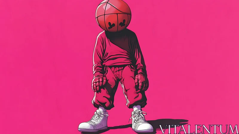 Basketball headed figure in pink streetwear on magenta field.