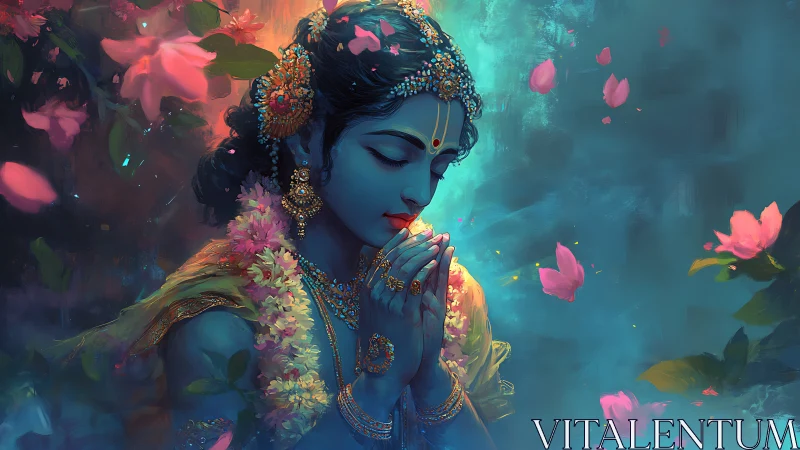 Blue-skinned figure with folded hands stands amid falling petals