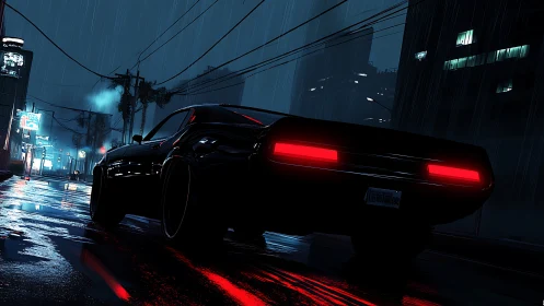 Midnight muscle car burns neon trails through rainy streets.