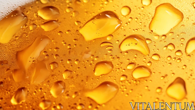 Macro analysis of amber liquid droplets on chilled surface.