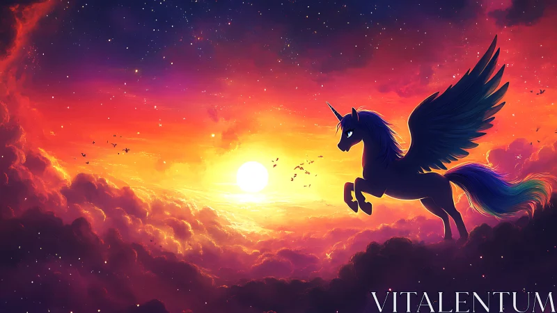 Winged unicorn silhouetted in radiant cosmic sunset sky.