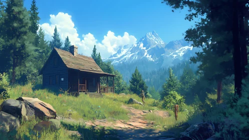 Cozy forest cabin path leading toward bright mountain day.