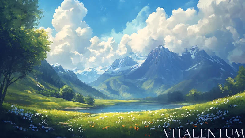 Mountain valley lake under cumulus cloud formation at noon.