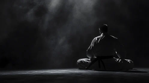 Martial artist meditates in moody light on empty dojo floor