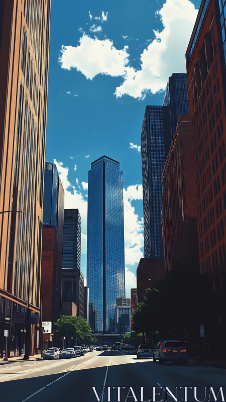 Central glass skyscraper in sunlit downtown corridor view.