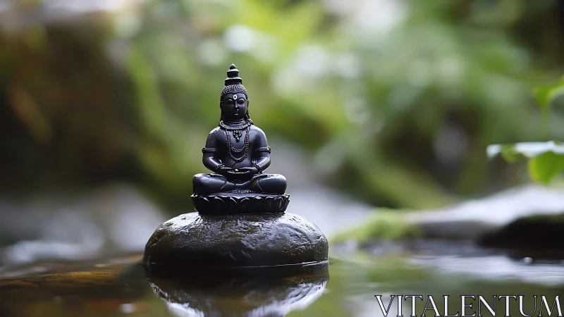 Small dark statue sits on wet stone in shallow water