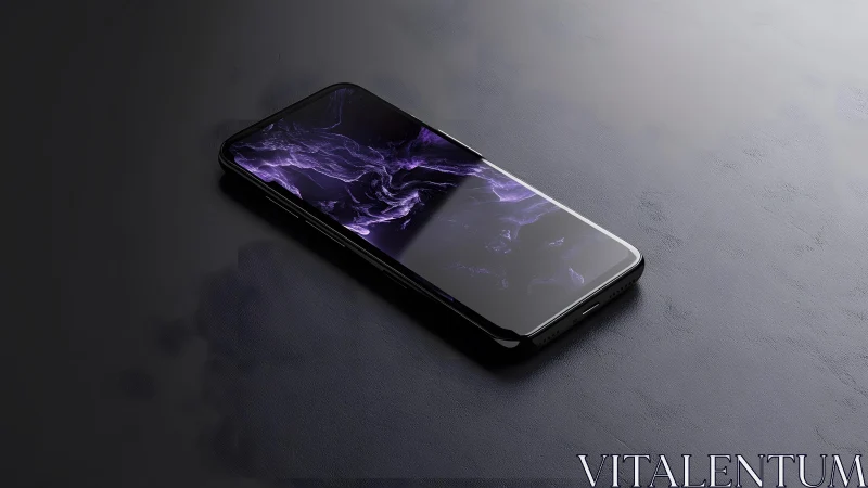 Modern smartphone on dark textured surface with purple abstract screen.