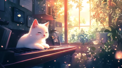 Sleepy white cat rests on piano in golden garden light