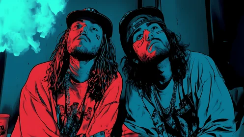 Two mirrored streetwear figures pose in neon split lighting