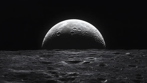 Lunar horizon with illuminated crescent rising in darkness.