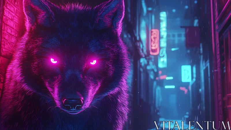 Neon-eyed cyber wolf stalks a rain-soaked city alleyway.