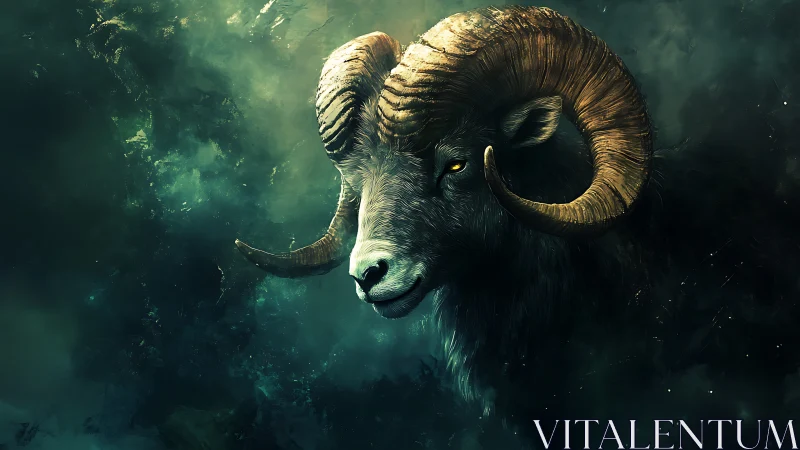 Astral bighorn ram portrait in teal nebular atmosphere