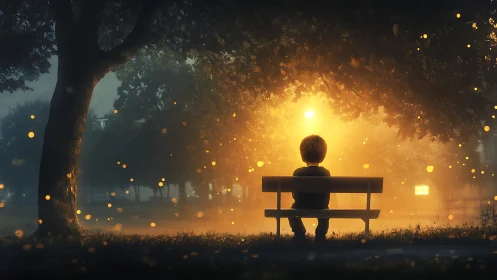 Child watches glowing sunset in misty firefly filled park