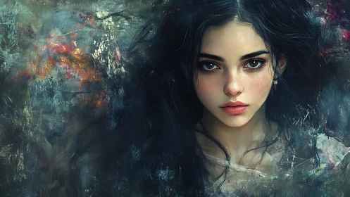 Hyperreal digital portrait isolates a dark haired woman in textured haze