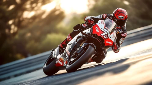 Racing motorcycle leans into apex with motion-blurred background