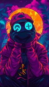 Hooded figure with neon symbols before stylized sunset.