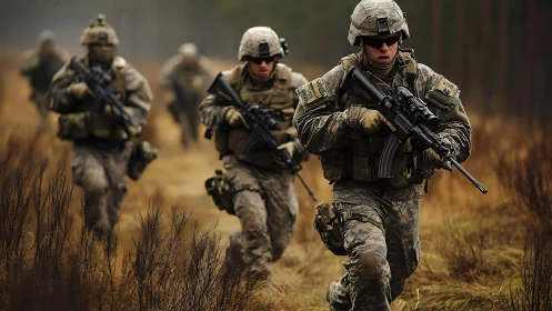 Armed soldiers advance across a grassy field in formation