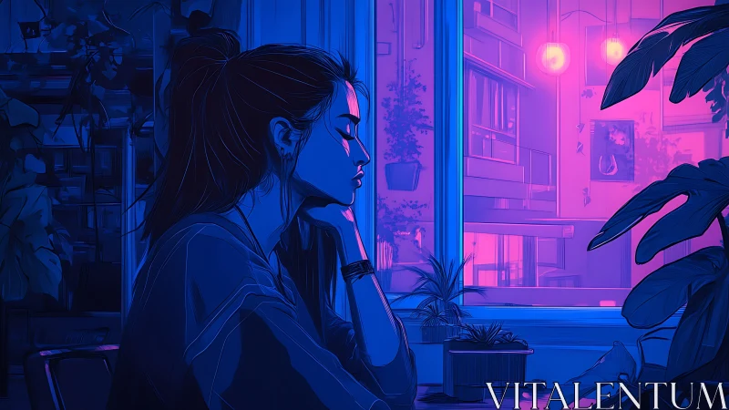 Contemplative woman in neon-lit room rendered in duotone hues