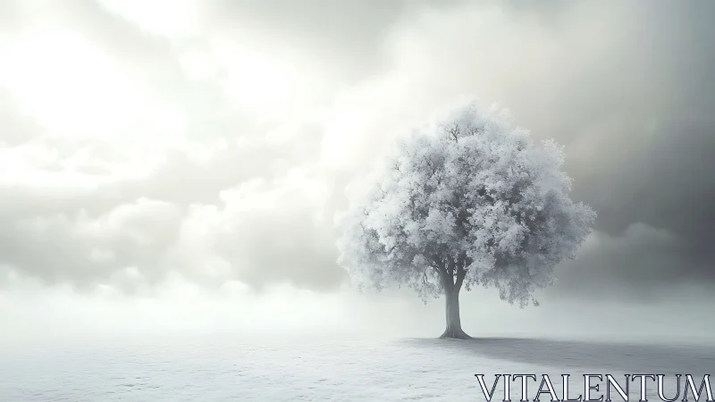 Solitary frost-covered tree anchors a minimalist winter horizon
