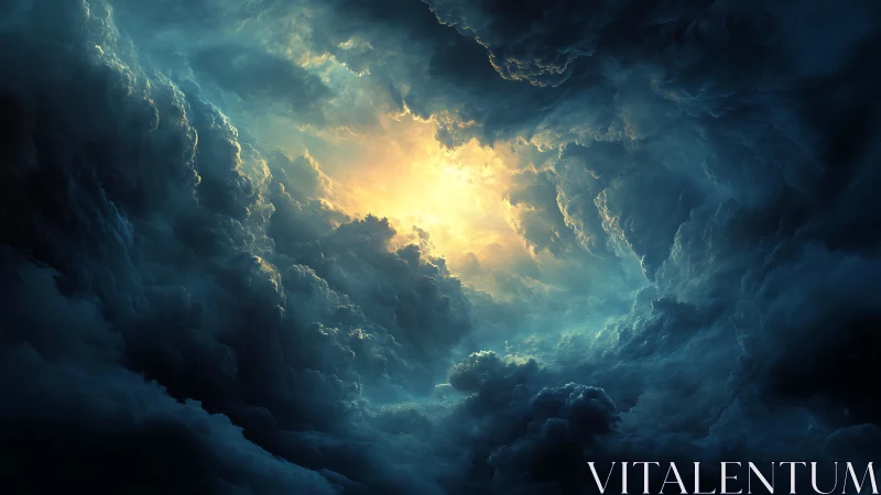 Dense storm cloud vortex with central bright light opening.