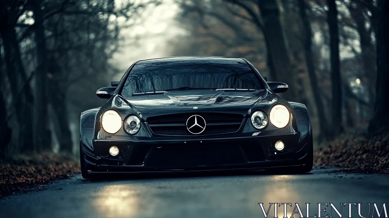 Low-slung black Mercedes coupe on moody forest road at dusk