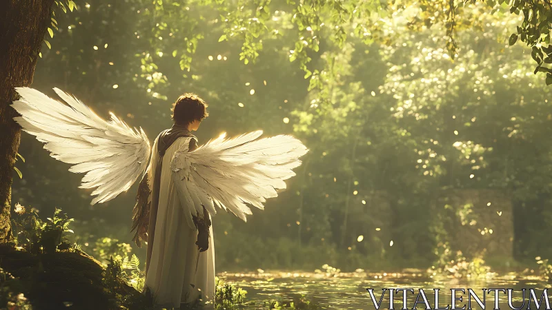 Forest light pauses as a winged wanderer studies the water