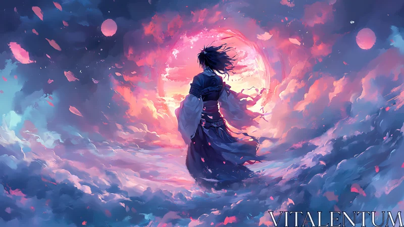 Celestial wanderer before chromatic nebula horizon portal.