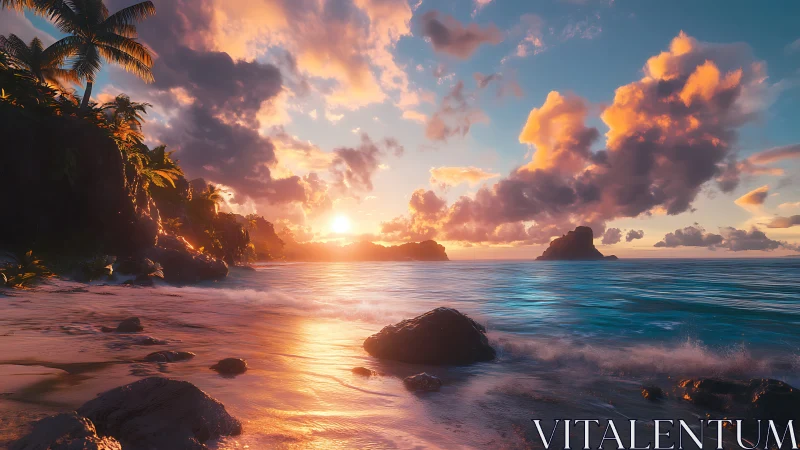 Tropical Sunset Beach with Palm Trees and Rocky Shore