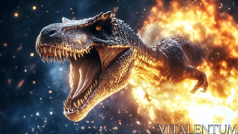 Inferno-Charged T-Rex Roaring Through Cosmic Firestorm.