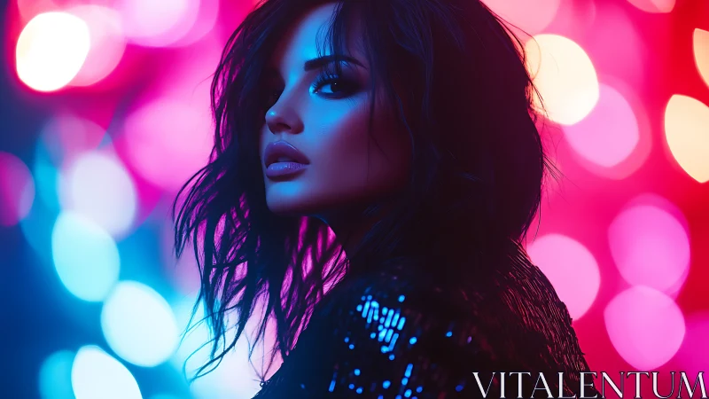 Neon city lights glow around a confident nightclub portrait