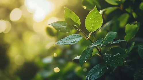 Green leaves with water droplets in warm morning light.