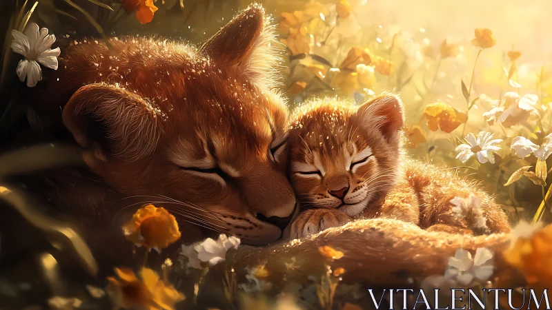 Maternal Feline With Cub in Golden Hour Botanical Environment