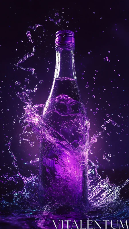 Glowing purple bottle erupts through vivid neon water splash